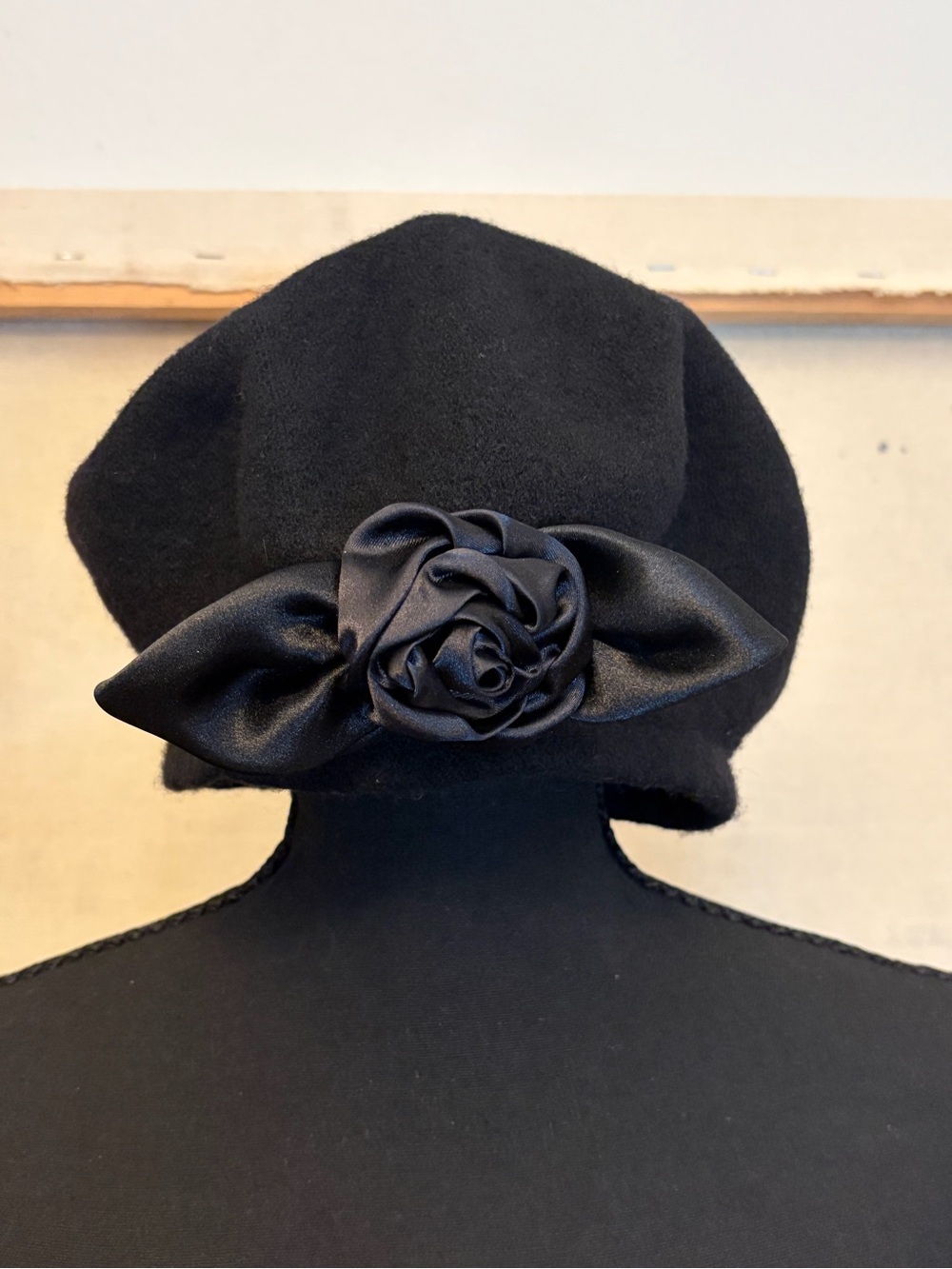 Women’s Black Wool Beret with Satin Rose Accent (Winter Hat)